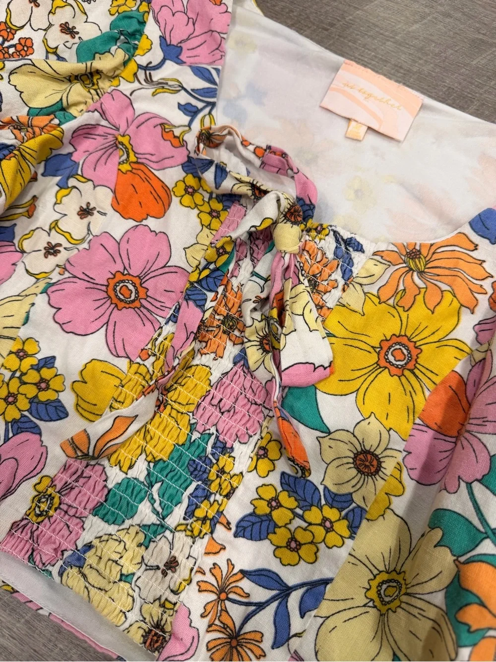 Us Together Floral Boho Crop Top 100% Cotton Puff Sleeve Cottagecore Hippie Sz L